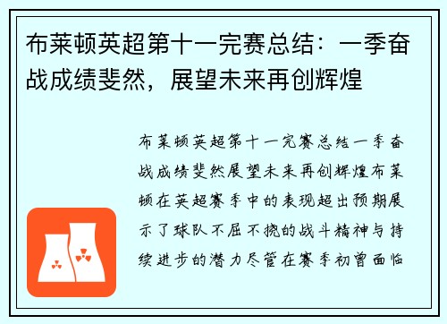 布莱顿英超第十一完赛总结:一季奋战成绩斐然,展望未来再创辉煌 布莱顿英超第十一完赛总结:一季奋战成绩斐然,展望未来再创辉煌